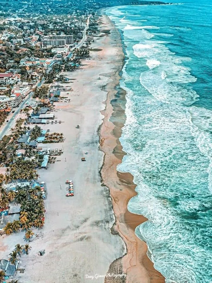 Aerial view of Zicatela beach and the town of Puerto Escondido